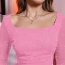 MOEENCN Women Mesh Dress Sparkly Long Sleeve Square Collar Pleated Bodycon Dresses Party Night Club Outfits (Pink, S)