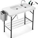 Folding Fish Cleaning Table Portable Camping Double Sinks Table w/2 Dual Water Basins, Faucet Drainage Hose & Sprayer Outdoor Fish Fillet Cleaning Station w/Knife, Storage Box,Black