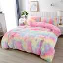 PERFEMET Pink Faux Fur Fluffy Comforter Twin 3-Piece Colorful Rainbow Plush Shaggy Bedding Sets for Girls Tie Dye Fuzzy Furry Comforter Set(Pink, Twin)