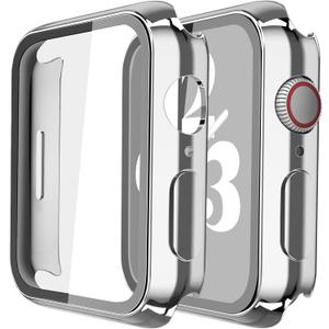 Misxi 2 Pack Hard PC Case with Tempered Glass Screen Protector Compatible with Apple Watch Series 9 (2023) Series 8 Series 7 41mm, Ultra-Thin Cover for iWatch S9/S8/S7, 1 Silver + 1 Transparent