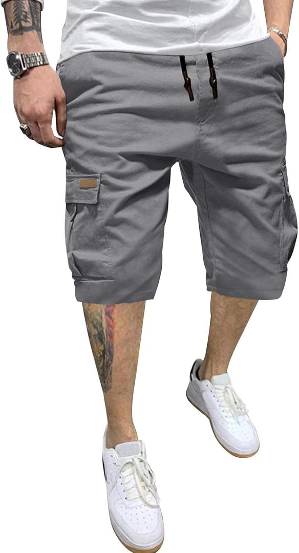 JMIERR Mens Casual Twill Cargo Shorts Cotton Drawstring Classic Cargo Chino Stretch Short with 6 Pockets for Men, US38 (XL), A Gray
