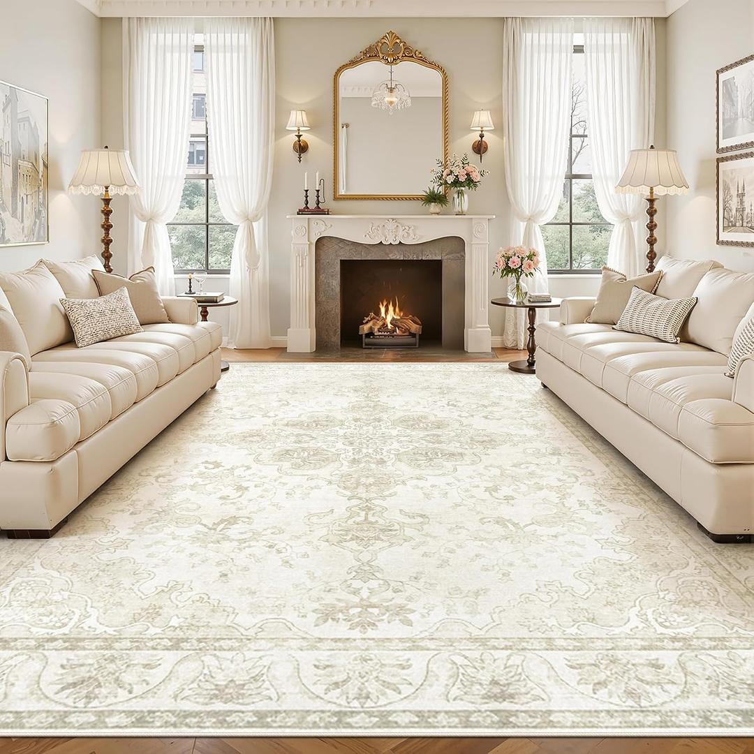 Washable 9x12 Area Rugs: Large Vintage Floral Soft Rug Non Slip Low Pile Stain Resistant Carpet for Living Room Bedroom Dining Room Office Playroom (Beige, 9'x12')