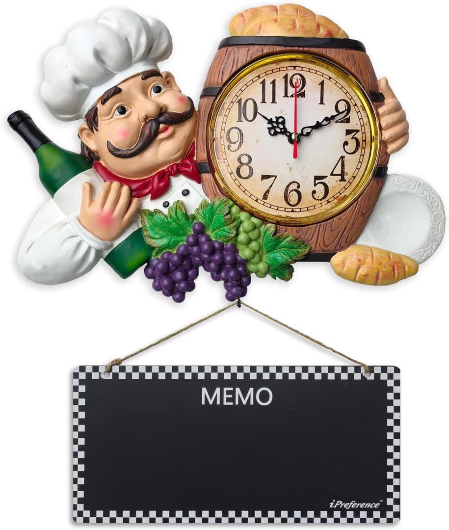 iPreference 2 in 1 Wall Clock and Black Board with Chef Décor Display and Leave Your Message on The rewritable Black Board, Decoration/ Home/ Kitchen/ Restaurant/ Bar