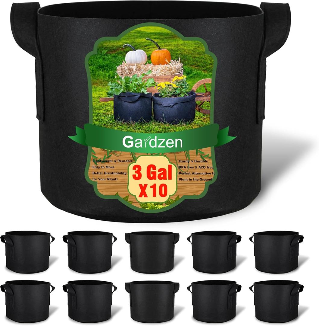 Gardzen 10-Pack 3 Gallons Grow Bags, Aeration Fabric Pots with Handles, Heavy Duty Cloth Pots for Plants (Black)