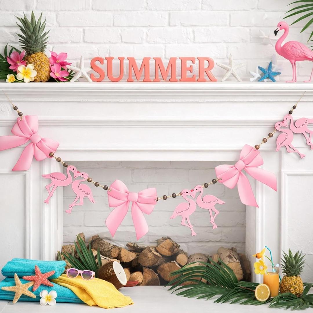 Leinuosen Flamingo Party Garland Decorations 6.5ft Wooden Pink Coquette Bow Garland with Beaded Tropical Flamingo Birthday Decorations for Hawaiian Luau Beach Party