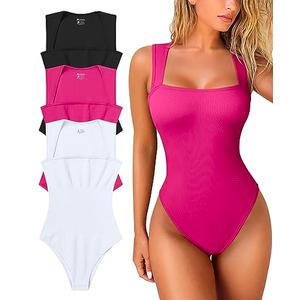 OQQ Women's 3 Piece Bodysuits Sexy Ribbed Strappy Square Neck Sleeveless Tummy Control Tank Tops Bodysuits Black Rose3 White, XL