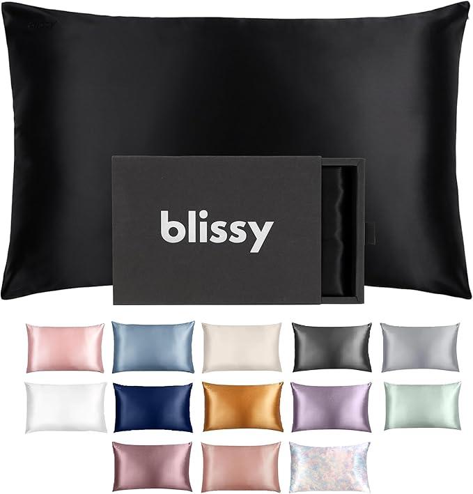 Blissy Silk Pillowcase - 100% Pure Mulberry Silk - 22 Momme 6A High-Grade Fibers - Silk Pillow Cover for Hair & Skin - Regular, Queen & King with Hidden Zipper (Queen, Black)