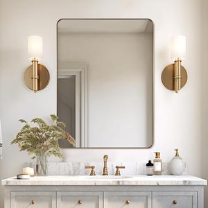Andy Star Gold Bathroom Mirror,22x30'' Brushed Brass Metal Frame Rounded Corner Wall Mirror,Rectangle Wall Mounted Mirror Glass Panel Hangs Horizontal or Vertical for Bathroom,Vanity,Washroom