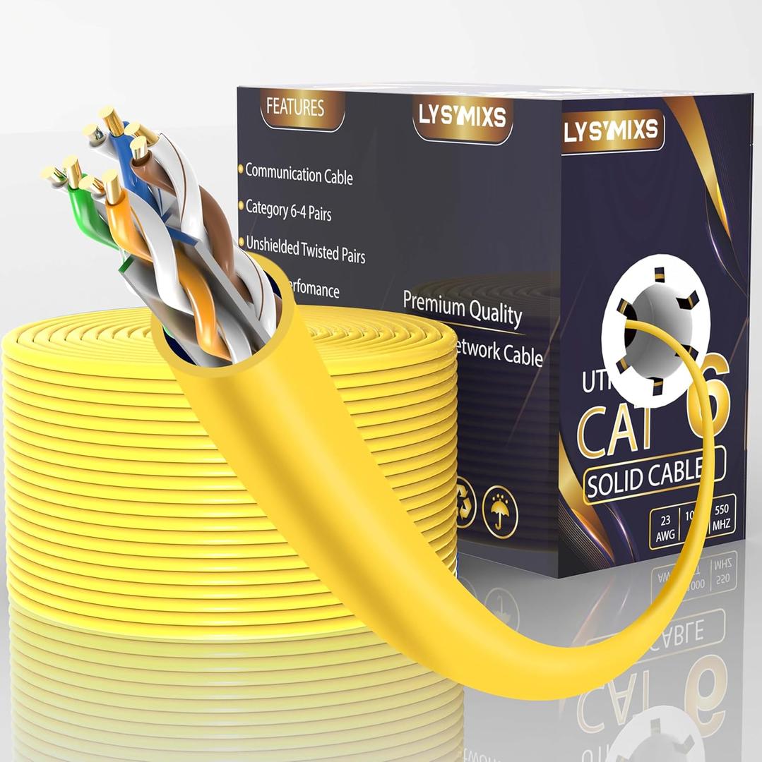 Cat6 Ethernet Cable 1000FT Channel Test Pass, Cat6 1000ft Ethernet Cable 23AWG Solid CCA, Cat6 Cable 550MHZ 10G with Easy Pull Box Yellow