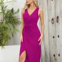 Missufe Women's Sleeveless V Neck Wrap Ruched Bodycon Party Cocktail Sheath Slit Midi Dress (Pink, L)