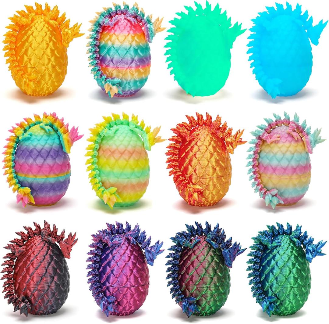 Mini 3D Printed Dragon Eggs with Dragon Inside, Articulated Crystal Dragons 3D Printed Animals Easter Egg Fillers, Easter Basket Stuffers Christmas Fidget Toys Gifts for Kids (12pcs-withoutkeychain)