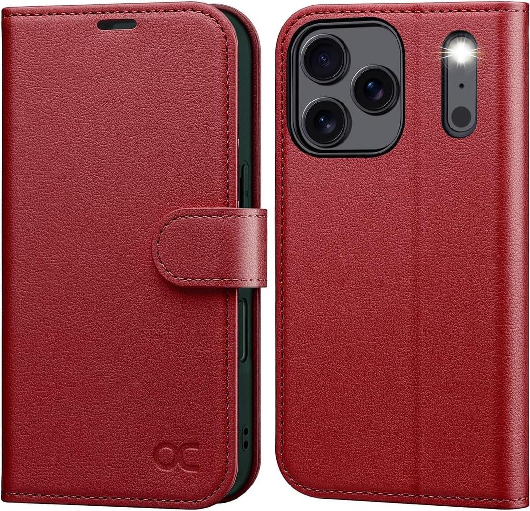 OCASE Compatible with iPhone 17 Pro Wallet Case, PU Leather Flip Folio Case with Card Holders RFID Blocking Kickstand [Shockproof TPU Inner Shell] Phone Cover 6.3 Inch 2025, Dark Red
