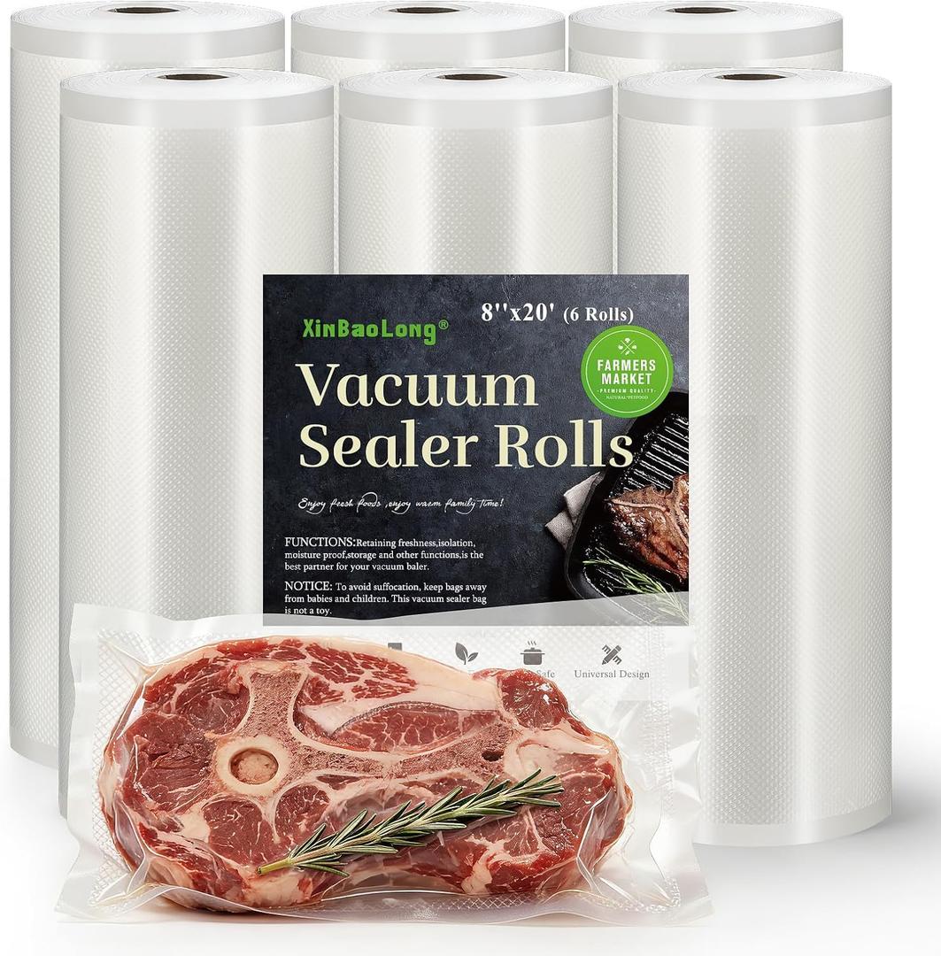 Vacuum Sealer Bags For Food:6 Rolls 8"x20' Commercial Grade BPA Free Bag Rolls Durable Customized Size Food Vac Bags for Storage and Sous Vide Cooking Puncture Prevention