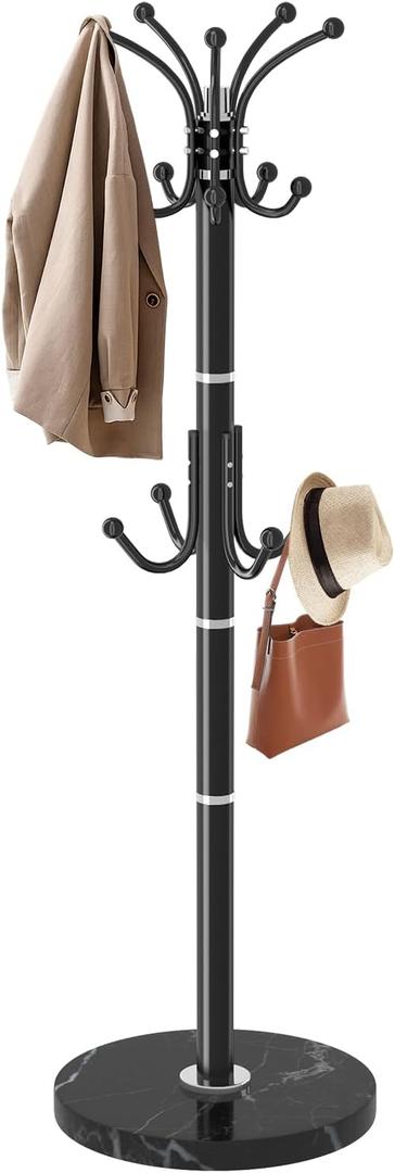ZIECUKU Metal Coat Rack with Natural Marble Base,360°Rotary Coat Rack Stand with 14 Hooks,Modern Freestanging Coat Racks for Entryway,Office,Black Coat Jacket Hanger Tree Stand for Coats, Scarves