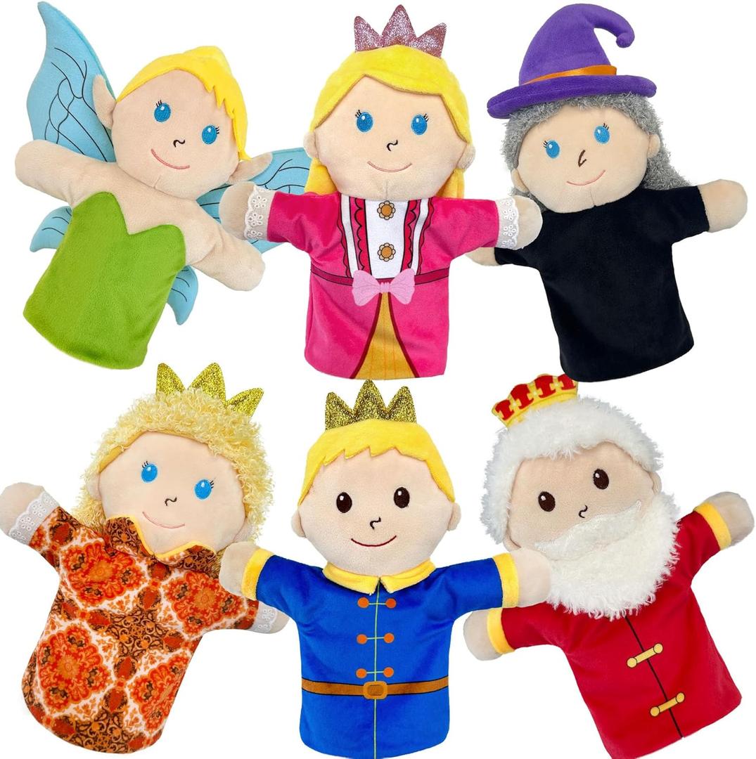 6 PCS Puppet Set 12 Inch, Fairy Tale Members Elf Plush Puppets Toddlers Princess Hand Puppet for Kids Ages,Soft Puppets for Storytelling Teaching Preschool Role Play Puppet Toy for Boy Girls