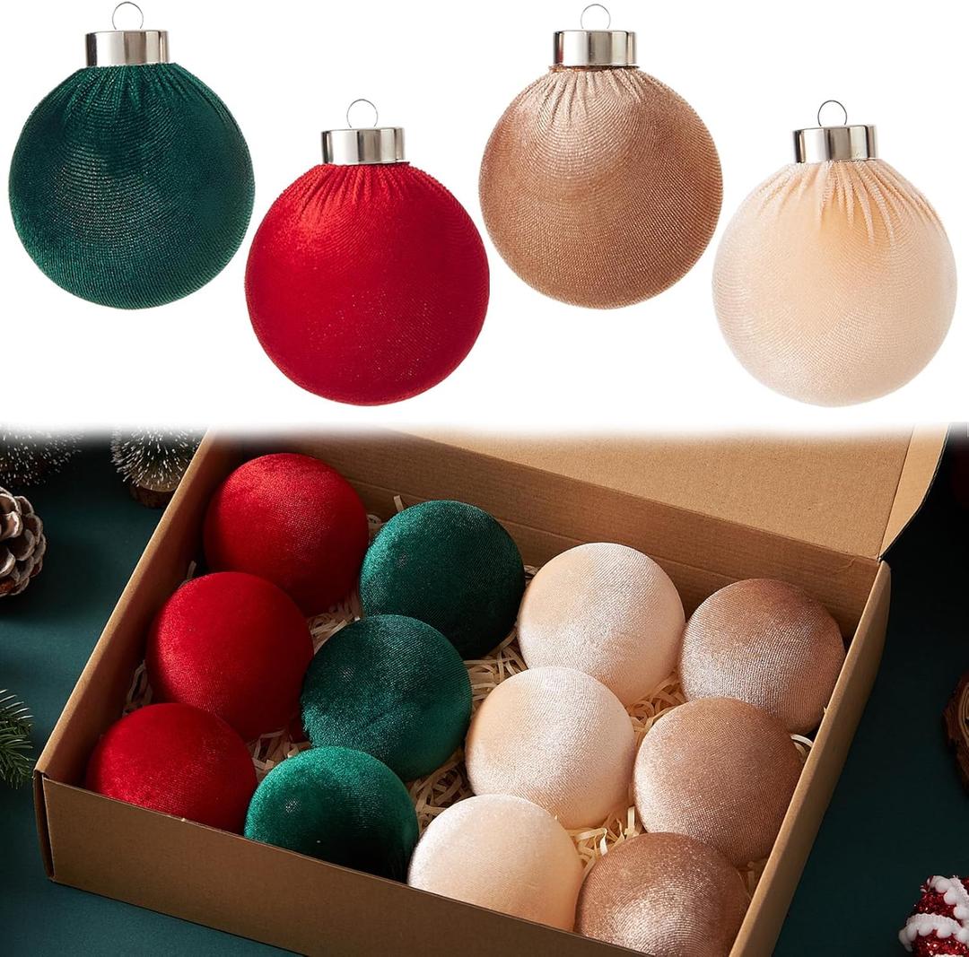 Velvet Christmas Ornaments, 12pcs Christmas Tree Ornaments Velvet 3.15 Inch Balls, Multicolor Brown Neutral for Xmas Wedding Party Holiday Decorations