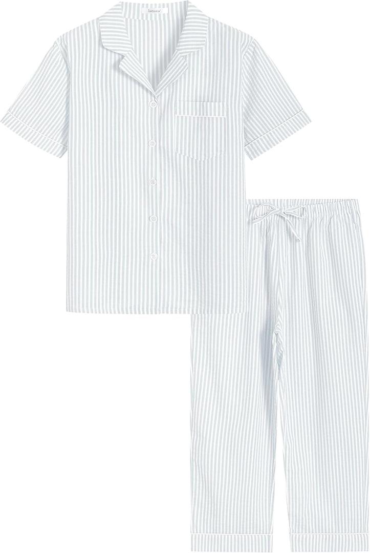 Latuza Women's Seersucker Capri Pajama Set Cotton Button Up Top Capris Pj Set (White, M)