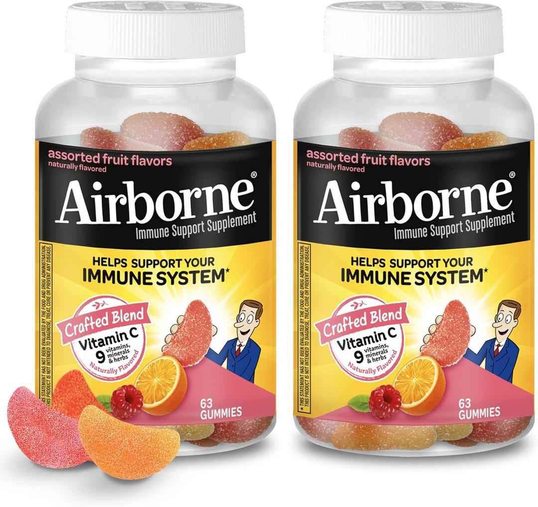 Airborne 750mg Vitamin C Gummies for Adults, Immune Support Gummies with Powerful Antioxidants VIT C & E, Caffeine Free - 2x63ct Bottle (42 Servings), Assorted Fruit Flavor (EXP: 12/2026)