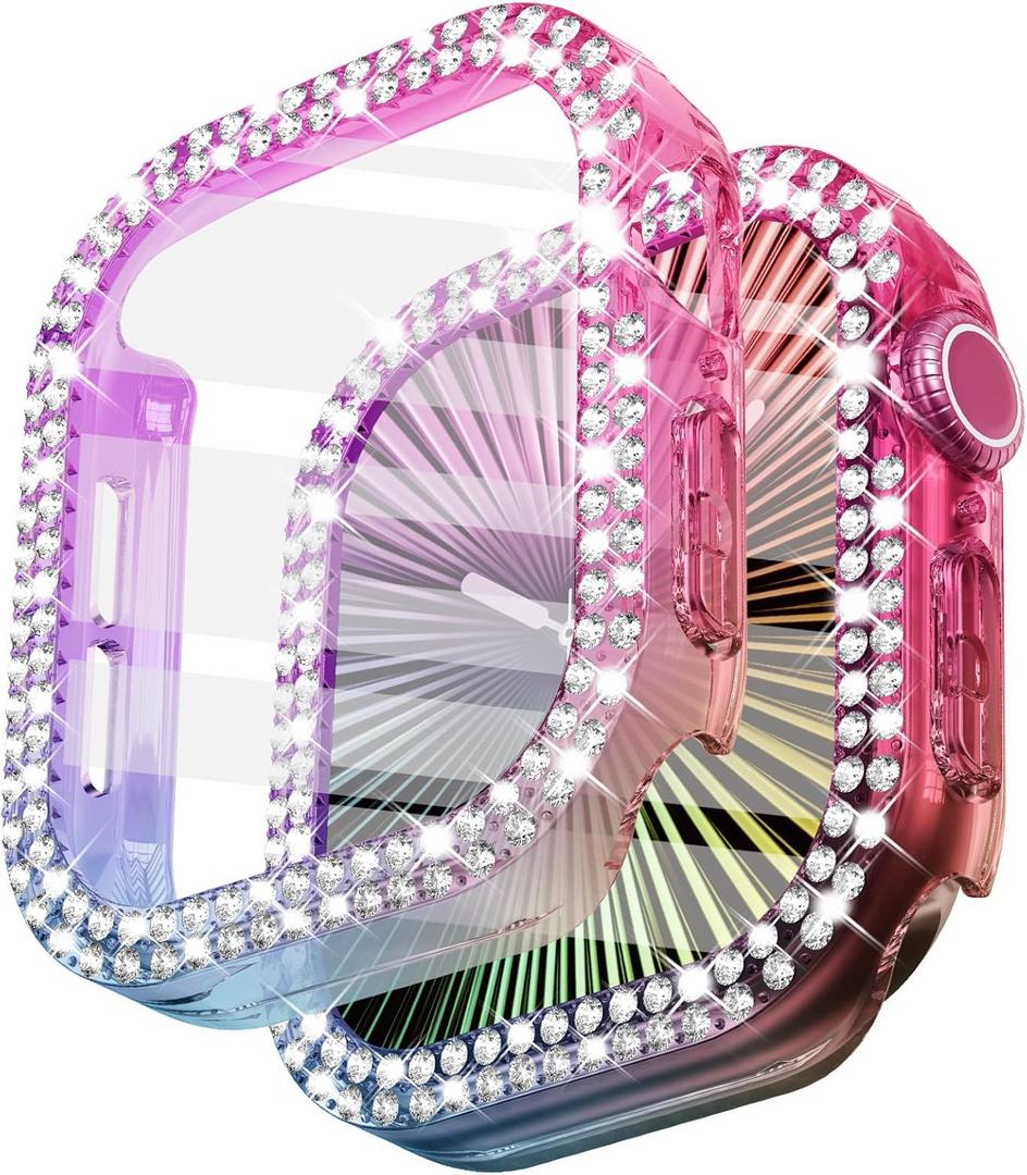 7 x Surace Bling Apple Watch Case with Screen Protector Compatible with Apple Watch Series 11 Series 10 46mm, Crystal Diamond Overall Protective Case Face Cover Bumper 46mm, Rainbow (Iridescent)