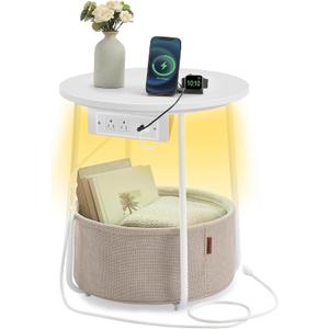 VASAGLE LILEA Collection - Side Table with Charging Station, Round End Table with Fabric Basket, LED Nightstand with USB Ports, Modern, for Living Room, Matte White and Camel Brown ULET227W01