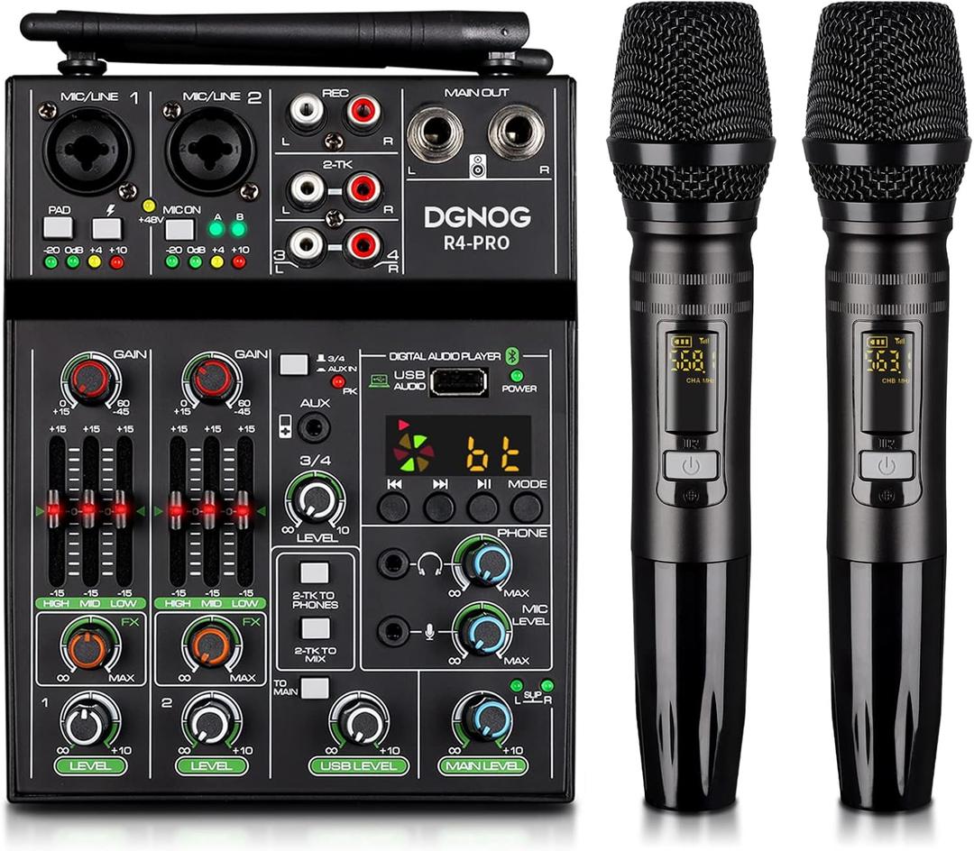 Professional Audio Mixer, 4 Channel Sound Mixer With Dual Wireless Mic, Sound Board Console MP3 Bluetooth 48V Phantom Power USB Interface DJ Mixing for Home Karaoke Party Computer Studio Recording