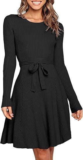 ANRABESS Women's Long Sleeve Midi Dress Crewneck Tie Waist A-Line Swing Casual Bodycon Ribbed Knit 2025 Fall Sweater Dress XL