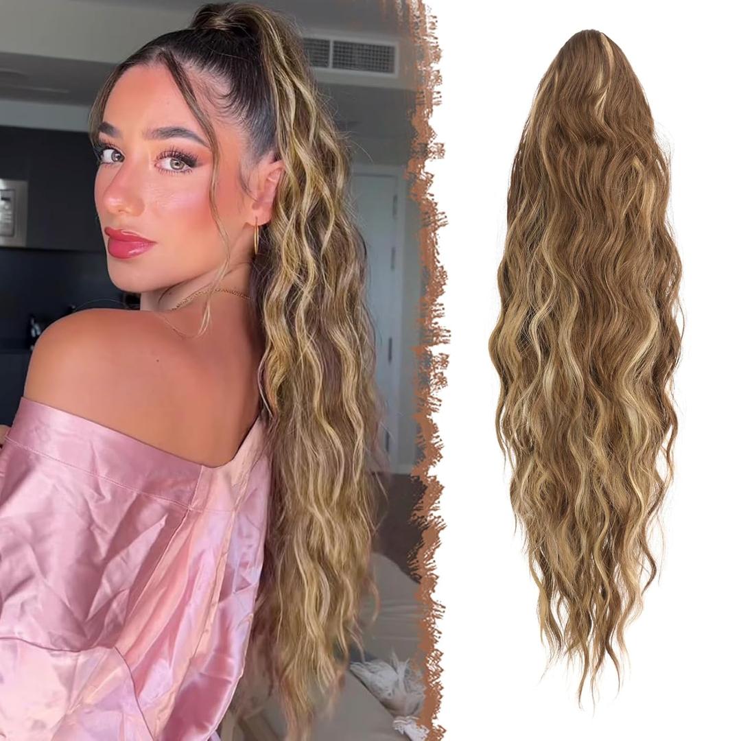 FESHFEN Ponytail Extensions - 26 inch Drawstring Long Curly Wavy Clip in Ponytails Synthetic Hair Piece Pony Tail Hairpieces for Women, Light Brown & Blonde
