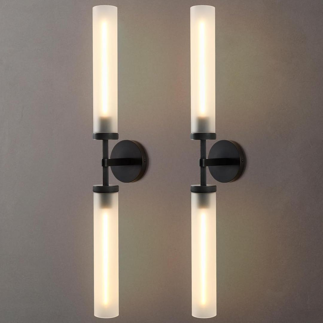 30" 2 Lights Hardwired Frosted Glass 2 PC Bathroom Wall Sconces, Handmade Knurled Black Wall Light Fixture,Modern Vanity Light for Living Room,Hallway, Bedroom, Indoor Sconces