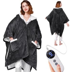 Wearable Heated Blanket - Cozy Gift for Women, Mom, Men| Reversible Flannel & Sherpa Electric Wrap with Pockets & Hood, 9 Heat Levels, 2-10H Timer, ETL Safe, Machine Wash, 50"x70" Grey