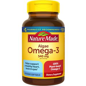 Nature Made Algae Oil Omega 3 Supplement 540mg, Omega 3 Fish Oil Alternative, 70 Veggie Softgels, Sustainable, Plant-Based, for Healthy Heart, Brain, and Eye Support, 70 Softgels