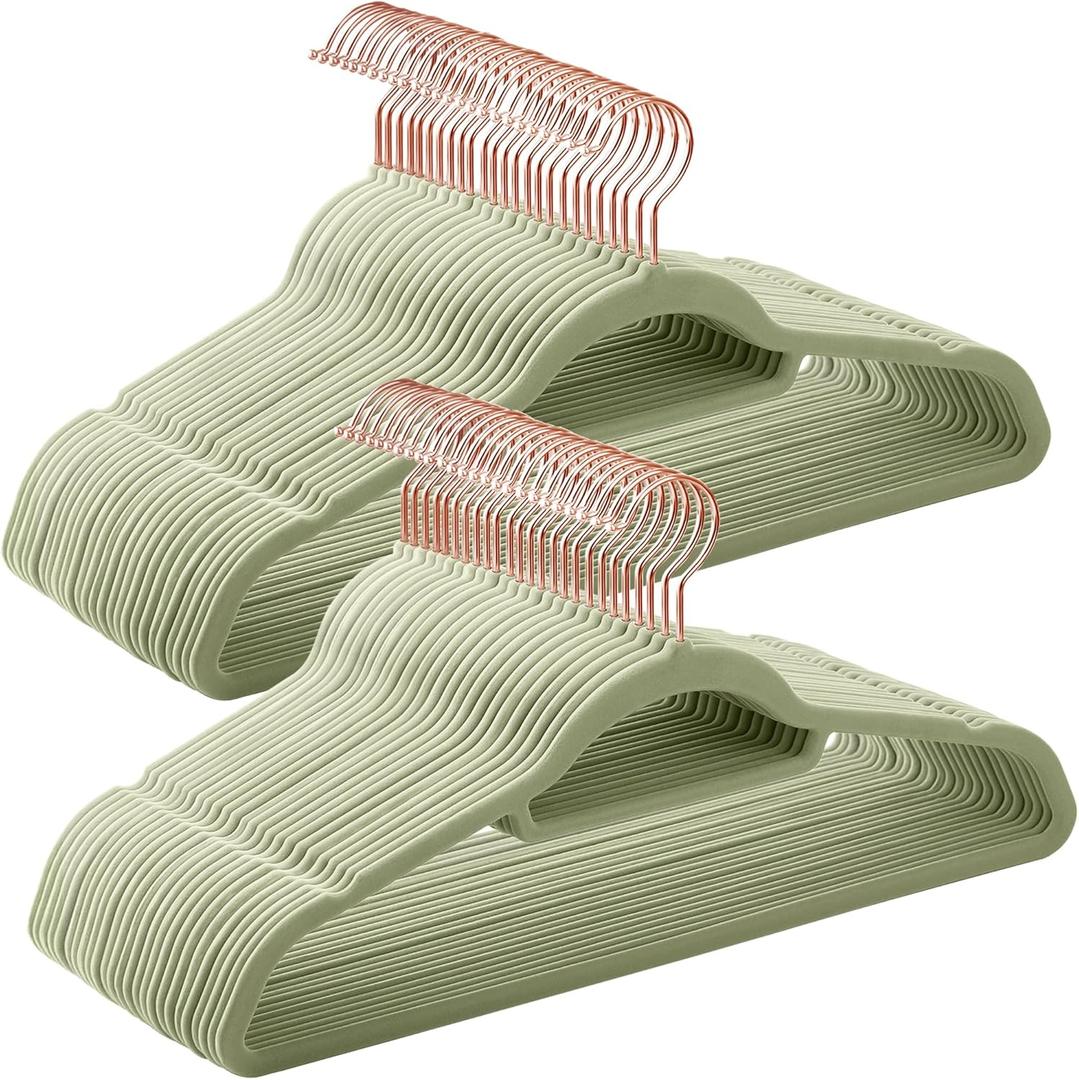 SONGMICS Velvet Hangers, Set of 50 Clothes Hanger with Rose Gold Swivel Hook, Non-Slip, and Space-Saving, 0.2-Inch Thick, 17.1-Inch Long for Coat, Shirt, Dress, Pants, Tie, Lime Green UCRF021GR50