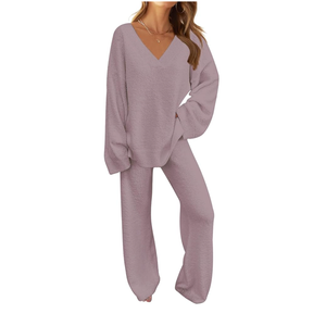 MEROKEETY Women's 2 Piece Outfits Fuzzy Fleece Pajama Set Long Sleeve Top Wide Leg Pants Loungewear, L