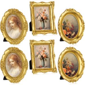 Beeveer 6 Pcs Vintage Small Gold Picture Frames Antique Resin Photo Frame Set with Glass Backboard for Tabletop Display or Wall Hanging Ornate Baroque Decor for Home Wedding Gallery Hotel (Baroque)