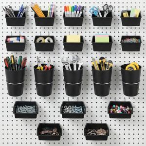 20 PCS Pegboard Cups Bins Set with Hooks & Loops, Pegboard Wall Organizer Assortment Organizer Accessory for Garage Craft Workshop Workbench Hobby Office(Black)