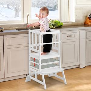 COSYLAND Kids Kitchen Step Stool, Height Adjustable Toddler Standing Tower Nursery Helper with CPC & FSC Certification, Removable Safety Railing Enjoys Exclusive PatenWhite