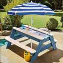 Kids 3-in-1 Sand & Water Activity Table, Wood Outdoor Convertible Picnic Table, 2 Play Boxes, Removable Top with Faucet, Picnic for Outdoor (Blue/Navy), 28" x 19.7" x 23.2"