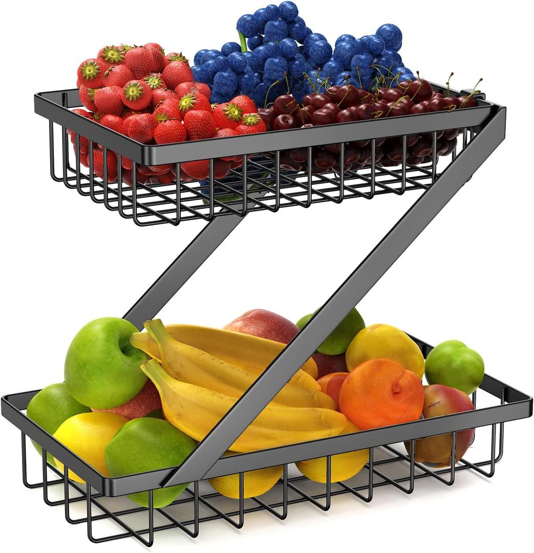 GETALL Fruit Basket for Kitchen, 2 Tier Countertop Fruit Holder, Detachable Metal Stand Fruit Bowl Organizer for Vegetable Bread Snacks Onions Storage, Large Capacity, Screws Free Design, Black(Z)