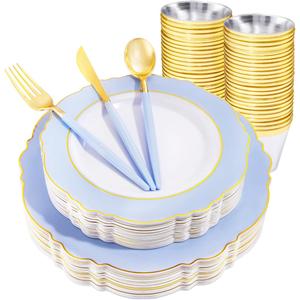 WDF 150pieces Baby Blue Plastic Plates with Gold Rim - Disposable Gold Plastic Silverware With Blue Handle-Baroque Light Blue&Gold Disposable Plates Dinnerware for Wedding/Graduation