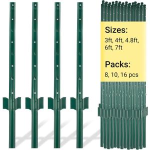 Fence Posts 6 Ft - 16 Pack, Requires Manual Assembly, Heavy Duty Metal Fence Post, No Dig U Post for Farm, Garden, Orchard and Outdoor Wire Fencing (Green)