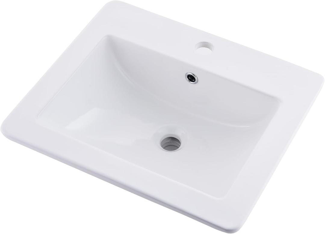 Drop in Bathroom Sink, 21"x18" White Bathroom Sinks Above Counter Ceramic Semi Recessed Rectangular Modern Vessel Sink with Overflow