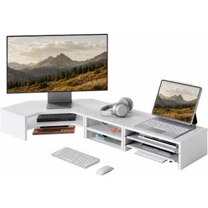 Fenge Dual Monitor Stand, Corner Desk Shelf with Drawer & Slide-Out Tray