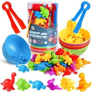Skrtuan Counting Dinosaur Matching Toys with Sorting Bowls Montessori Preschool Educational Activities Learning Color Sorting Fine Motor Skills Sensory Toys Birthday Gift for 3 4 5 Year Old Boys Girls