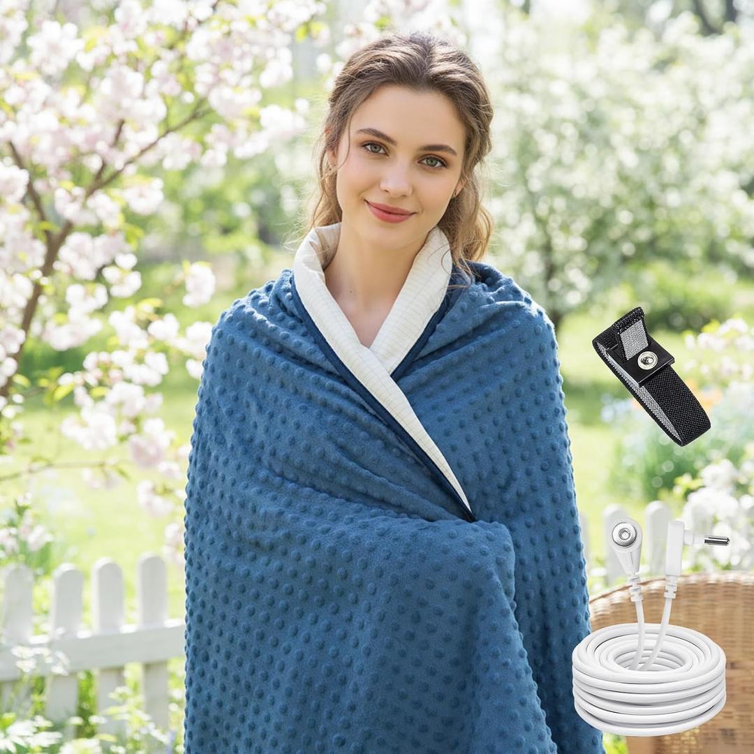 Grounding Throw for Pain Relief and Deeper Sleep,Earth Connect Bedding Sheet with Silver Fiber,Fluffy Throw Blanket Gifts for Women Men, Soft Fleece (Navy Blue, 60 * 80IN)