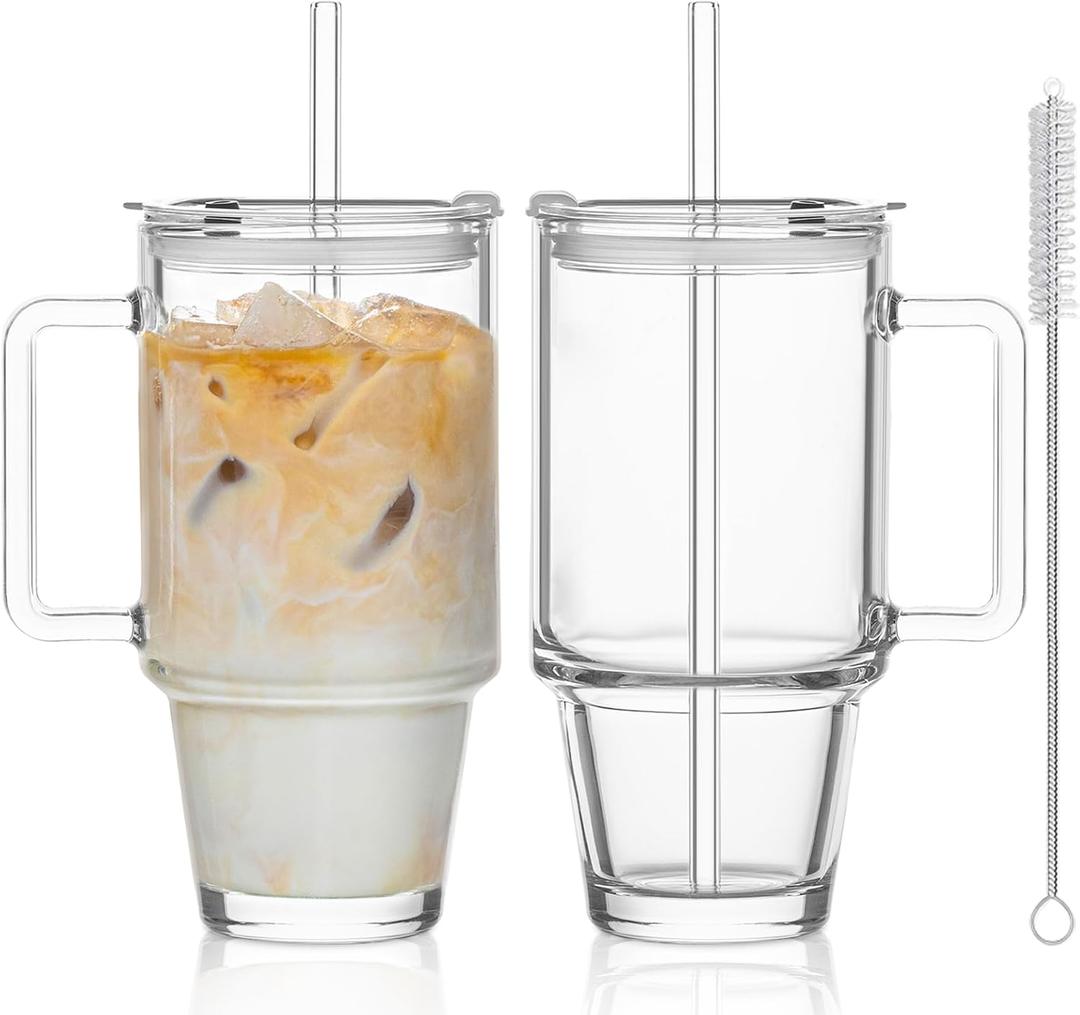 KEMORELA Glass Cups with Lids and Straws 2PCS, 24oz Clear Tumblers with Handle, Reusable Drinking Glasses for Iced Coffee, Tea, Water, Leak Proof Lid, Dishwasher Safe