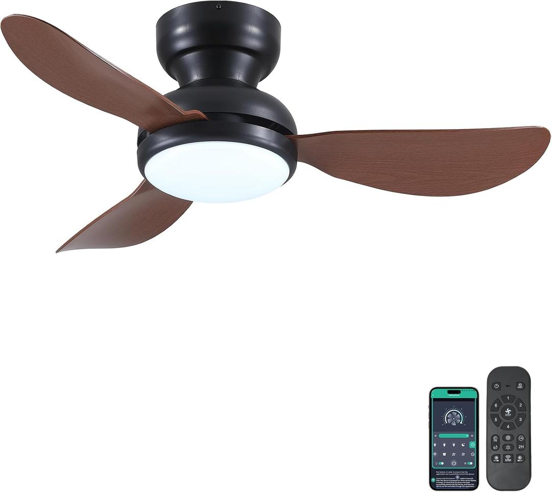 36 Inch Modern Ceiling Fans with Lights, Small Flush Mount Ceiling Fan with Light and Remote/APP Control, 3 Reversible 6 Speeds Curved Blades, 3 CCT Dimmable Lights for Bedroom, Brown