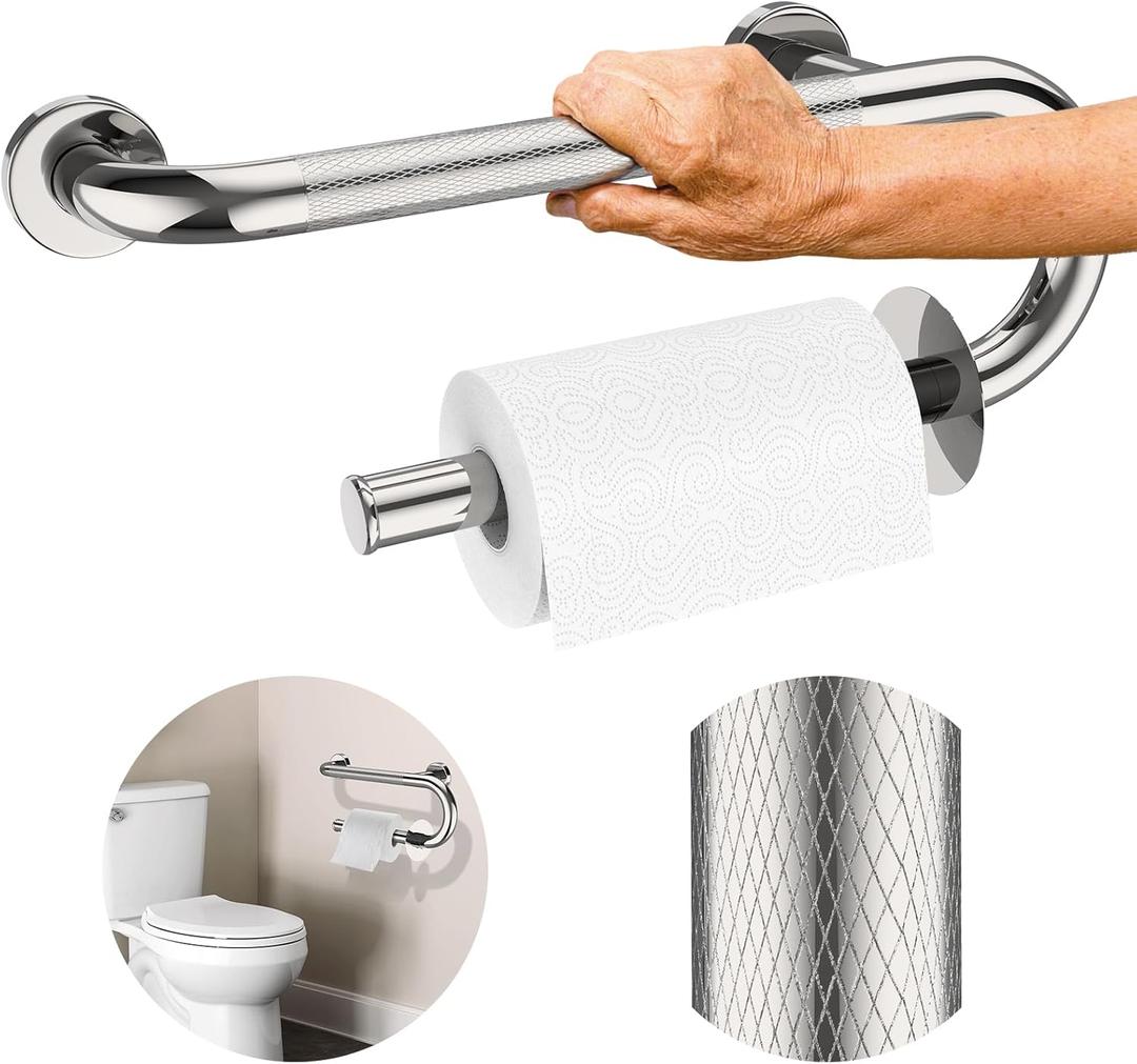 𝐔𝐩𝐠𝐫𝐚𝐝𝐞𝐝 Toilet Grab Bars 16 Inch - Toilet Paper Holder Grab Bar Stainless Steel Knurled Toilet Grab Bars for Seniors Bathtub Bathroom Rails for Elderly Safety Balance Support, Chrome