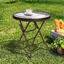 Foldable Side Table with Tempered Glass Top 18" Outdoor Folding Side Table Small Glass Patio Tables for Porch Yard Balcony Deck Lawn Dining Garden (Brown), Round*1