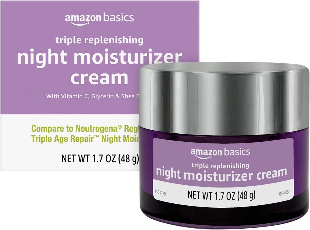 Amazon Basics Triple Replenishing Moisturizer Night Cream with Vitamin C, Glycerin, Shea Butter, 1.7 Ounces, 1-Pack