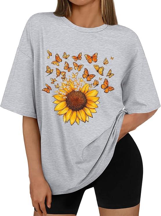 Sunflower Shirts for Women Graphic Tees for Women Vintage Women's Sunflower Shirt Crew Neck Short Sleeve Tees, 2XL