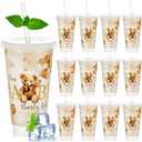 Frienda 12 Pcs Baby Shower Cups 24 oz Bear Plastic Cup with Lid and Straw Reusable Bear Tumbler for Baby Shower Supplies Gender Reveal Party Favors Decoration